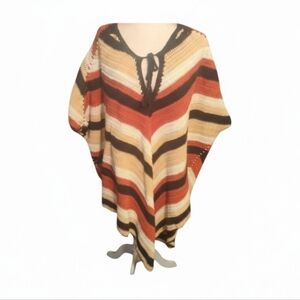 Crochet Long Poncho Multi Color Striped brown/cream/rust Hippie Festival OS